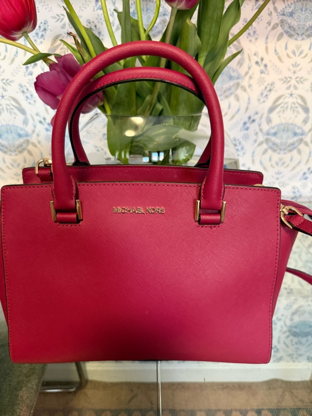 Michael Kors Selma Fuchsia Saffiano Leather Satchel with Gold Hardware